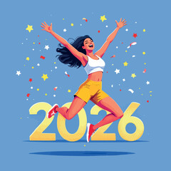 Vsai happy woman jumping celebrating new year 2026