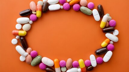 Obraz premium A bunch of pills are arranged in a circle on an orange background. The pills are of different colors and sizes, and they seem to be scattered all over the frame. Concept of chaos and disorder