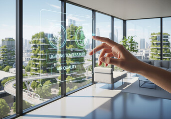 Smart home technology interface for climate control, with a hand interacting in a modern apartment overlooking a green city.