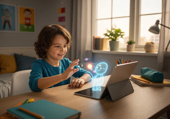 Young boy interacts with an augmented reality hologram on a tablet, exploring future education and digital learning at home.