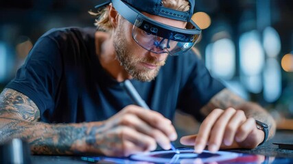 Bearded man using augmented reality glasses and stylus on a digital surface, illustrating advanced design and creative technology workflow - Powered by Adobe