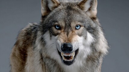 Fototapeta premium A wolf with a blue eye and a mouth full of teeth. The wolf is angry and ready to attack