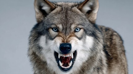 A wolf with a blue eye and a mouth full of teeth. The wolf is angry and ready to attack © Nataliia_Trushchenko