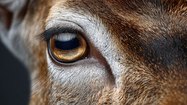 A close up of a deer's eye with a golden iris. The eye is surrounded by a furry, brownish-colored area - Powered by Adobe