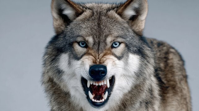 A wolf with a blue eye and a mouth full of teeth. The wolf is angry and ready to attack
