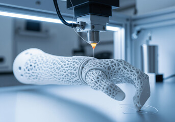 Advanced 3D printer fabricating an intricate lattice-structured prosthetic hand, highlighting modern additive manufacturing technology and innovation.