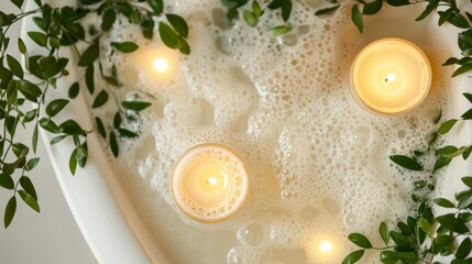 Soothing bubble bath scene with lit candles, surrounded by lush green foliage, creating a tranquil spa like atmosphere