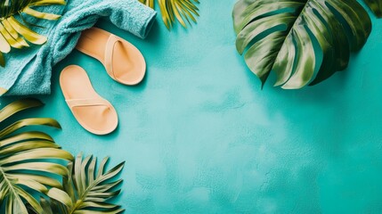 Summer vacation concept with flip flops, towel, and tropical leaves on vibrant turquoise background. Beach essentials flat lay with copy space