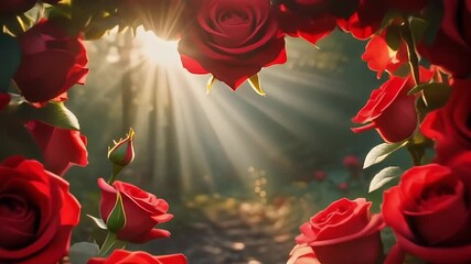Enchanting Red Roses Framing a Sun-Dappled Forest Path, Symbolizing Love and Nature's Beauty
