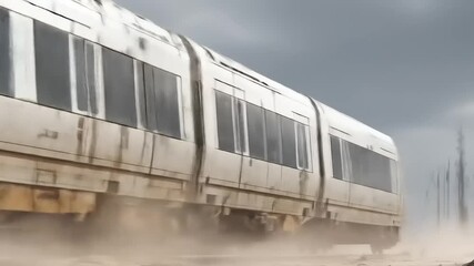 A speeding, metallic train car kicks up dust against a bleak, cloudy sky. Tall structures in the distance - Powered by Adobe