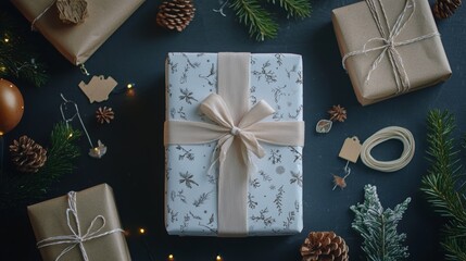 Beautifully wrapped Christmas presents with kraft paper, ribbon, and pine branches on dark background. Festive holiday flat lay with eco friendly gift wrapping ideas