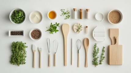 Organized display of various cooking herbs, spices, and wooden utensils on white background. Fresh ingredients and kitchen tools for gourmet cuisine