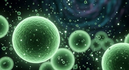 Green bioluminescent cells and microorganisms floating in a dark, abstract space.