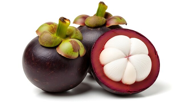 Whole and halved mangosteen fruits with their characteristic dark purple rind and white segments.