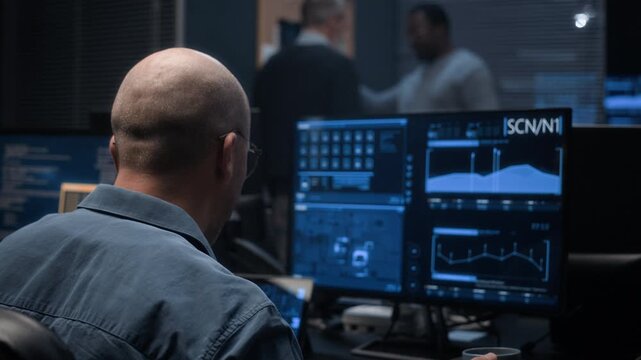 Bald man drinking coffee and rubbing his eyes as working late at computer in dark cybersecurity office, analyzing data and monitoring network security, with two colleagues interacting in background
