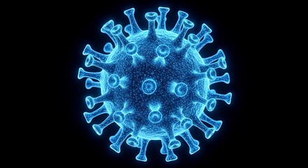 Detailed 3D rendering of a blue, glowing virus particle with a network structure on a black background.