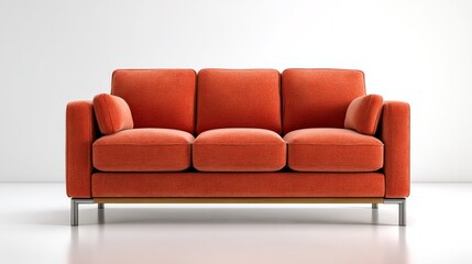 A large orange couch with three cushions. The couch is sitting on a white floor. The couch is the main focus of the image