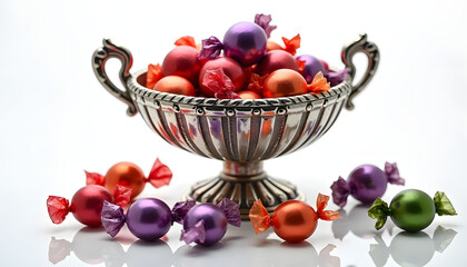 Assortment of colorful wrapped candies in a decorative silver bowl and scattered around