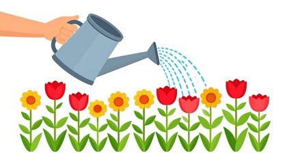 Fototapeta premium Cartoon hand waters a row of stylized red and yellow flowers with a gray watering can, white background