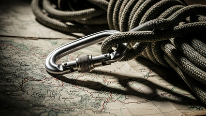 Carabiner attached to rope on vintage map background  