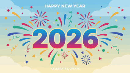 Happy New Year 2026 Celebration with Colorful Fireworks.