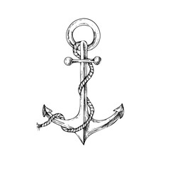 Vector anchor with rope in marine style. Hand painted linear nautical illustration. Graphic monochrome sketch isolated on background. For designers, prints, logo, icon, menu, postcards, holiday