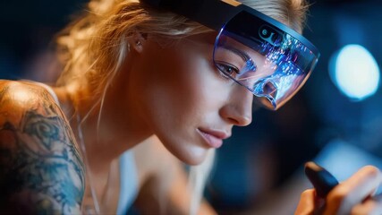 Focused woman wearing augmented reality smart glasses, interacting with a digital interface in a futuristic technology environment - Powered by Adobe