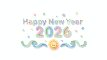 Happy New Year 2026 Celebration with Pastel Colors and Ribbons.