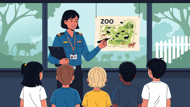 Zoo keeper explains the map of the zoo to a group of attentive children during an educational field trip