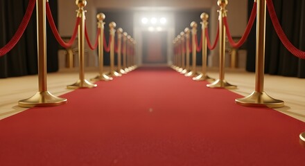 Front view, red carpet with golden ropes and poles, opulent event idea
