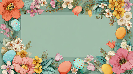 Vintage Floral Border with Easter Eggs and Copy Space