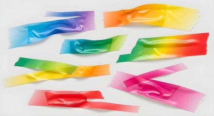 Obraz premium Bright sticky tape pieces in gradient colors, isolated cut shapes.