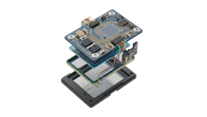 Exploded View of Microchip Electronics Components on Black