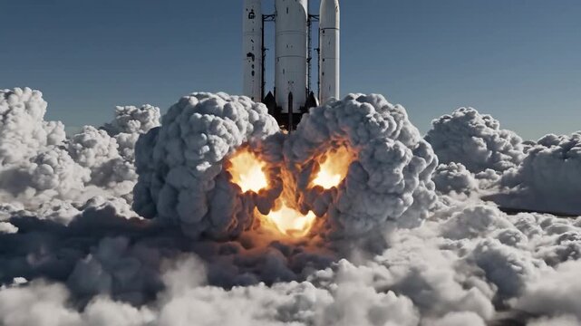 Rocket launch ascending through clouds against blue sky
