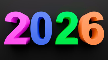 Happy New Year 2026 3D render with colorful numbers on a deep black background, modern festive design with elegant lighting and high contrast.