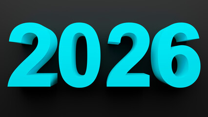 Happy New Year 2026 3D render with deep blue numbers on a black background, modern festive design with cool lighting, elegant reflections, and a clean contemporary style.