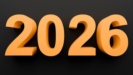 Happy New Year 2026 3D render with bold orange numbers on a dark black background, dynamic festive design with warm lighting and high visual impact.