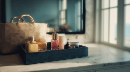 玄関カウンターの上で小物をまとめる収納トレイが、整った第一印象をつくる日常の一角の水彩ポリゴン