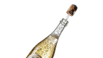 Champagne Bottle Cork Pops With Bubbles Splashing In Dark