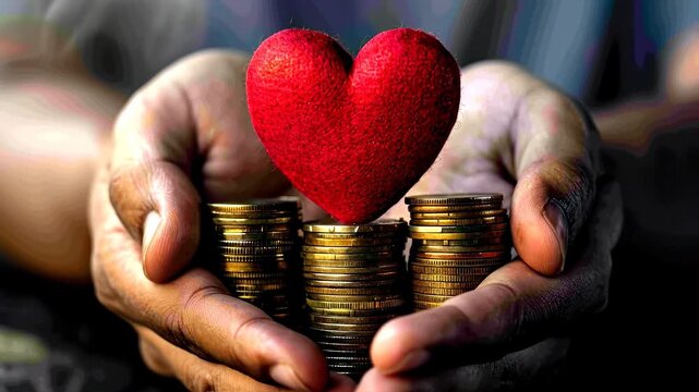 Hands Holding Stacks of Coins with Red Heart Symbolizing Charitable Giving and Support.