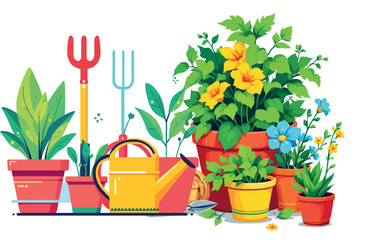 Vsai gardening tools and potted plants flat illustration