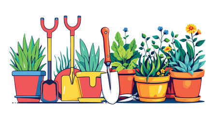Vsai gardening tools and potted plants growing together