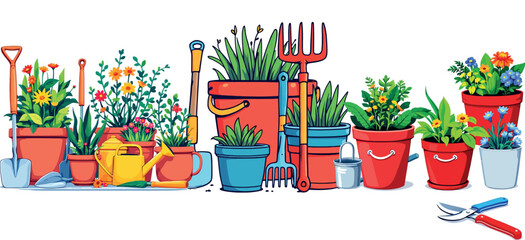 Vsai gardening tools and various potted plants border