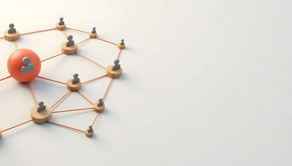 Abstract network of people icons connected by lines, with one prominent orange sphere