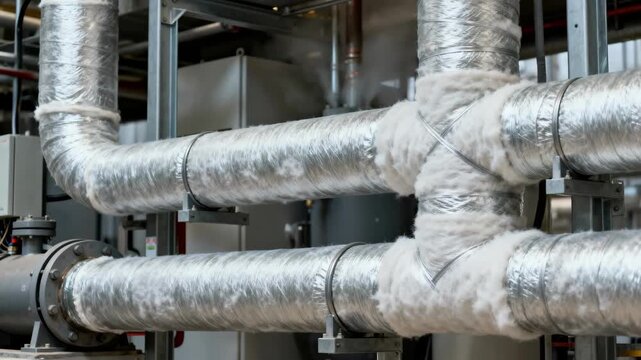 Closeup medium shot of fiberglass wrapped piping showcasing enhanced thermal protection and fire resistance in mechanical systems.