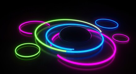 Abstract composition of neon rings glowing against a dark background