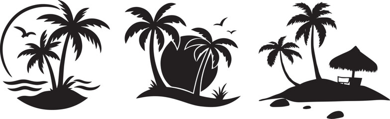 Twilight Island Escape including collection of 3 Silhouetted Palms, Soaring Bird, and Serene Horizon