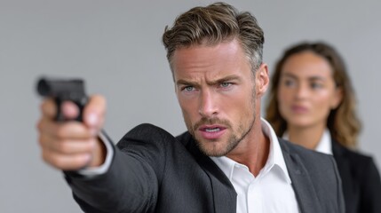 A man is holding a gun and pointing it at a woman. The woman is looking at the man with a surprised expression. Scene is tense and suspenseful