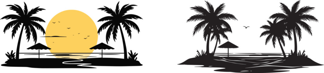 Sunset beach paradise with palm trees umbrellas birds and winding path to the ocean