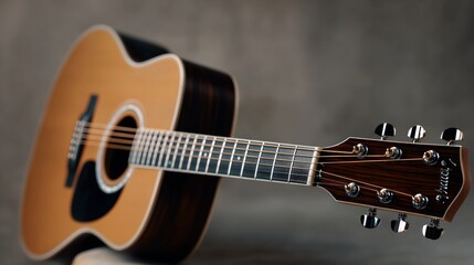 A guitar is shown from the side, with the headstock and neck visible. The guitar is brown and has a black stripe